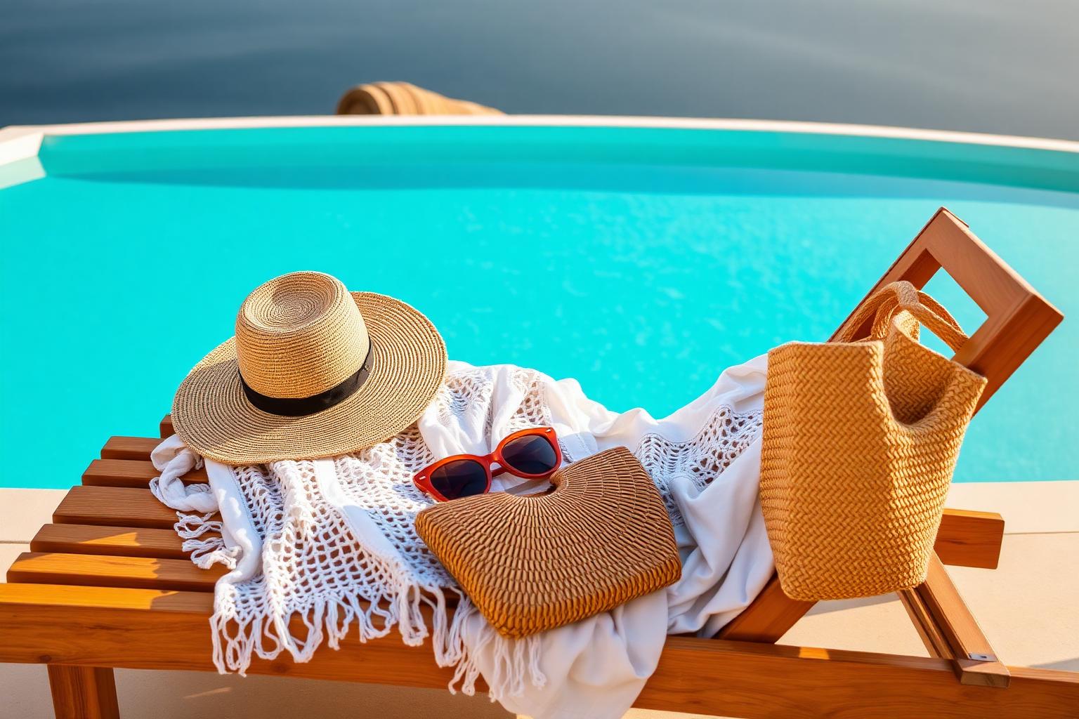 Beach and pool edit — cover-up, straw hat, sunglasses and tote bag by the pool
