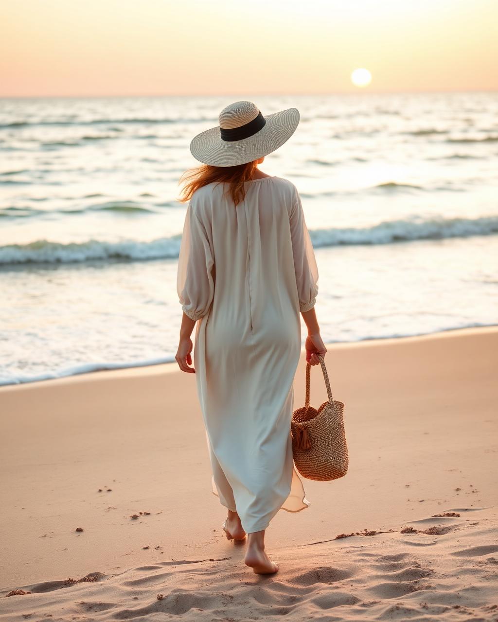 Woman walking on the beach at sunset wearing a straw hat and cover-up